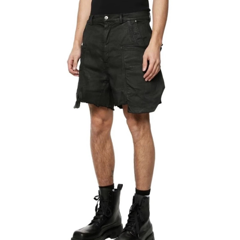 MIJKO Streetwear New Summer Brush Wax Coated Denim Shorts with Rough Edges Mens Vintage Black Frayed Baggy Jeans Oversized Loose Short