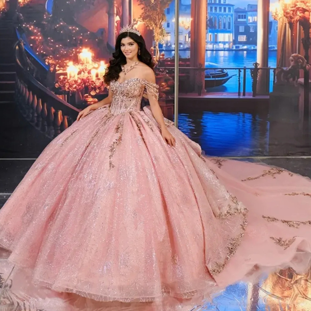 Pink Shiny Quinceanera Dresses Sequin Appliques Lace Glitter Ball Gowns Tull Off-shoulder Vestidos De 15 Anos Birthday Party Sweet 16 Dress