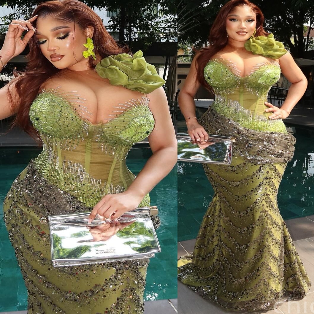 Mermaid Olive Green Prom Dresses 2025 Flower Beaded Sequined Evening Formal Party Second Birthday Engagement Gowns Plus Size Dress For Special Occasio