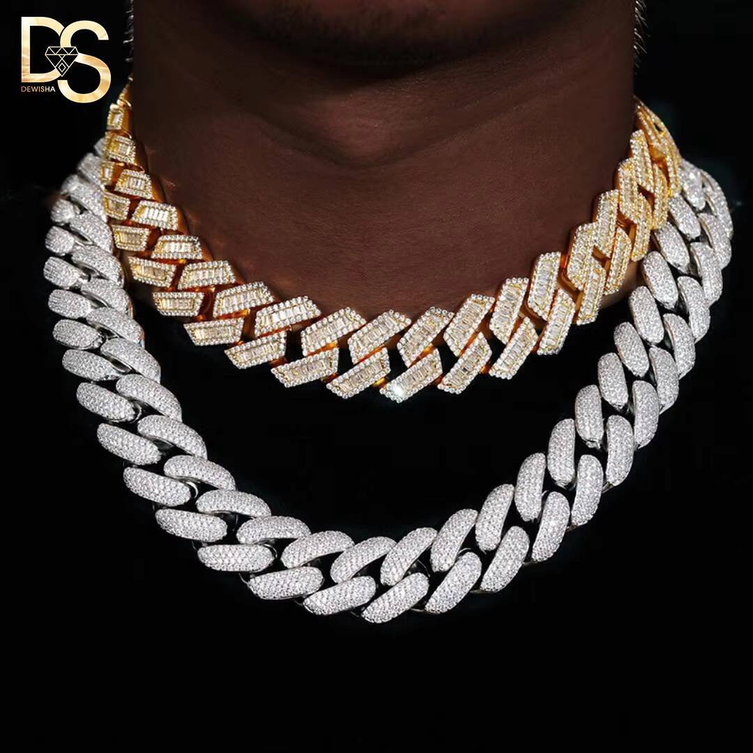 925 Sterling Silver VVS Moissanite Diamond Iced Out 12 MM 14MM Baguette Miami Cuban Link Chain Necklace for Men