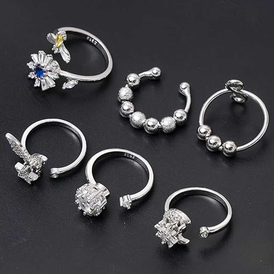 6Pcs Fidget Anxiety Spinner Ring Adjustable Open Ring Cubic Zirconia Sunflower Windmill Butterfly Moon Bead Stress Relief Stackable Rings for Women Si