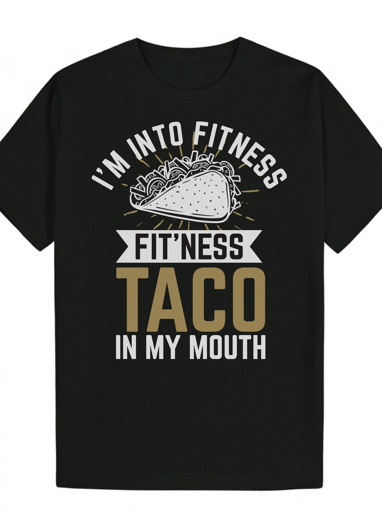 Men's Summer with "I'm Into FiessFit'ness Taco in My Mouth" Print - Black Polyester Crew Neck, Regular Fit, Casual Playful Pa