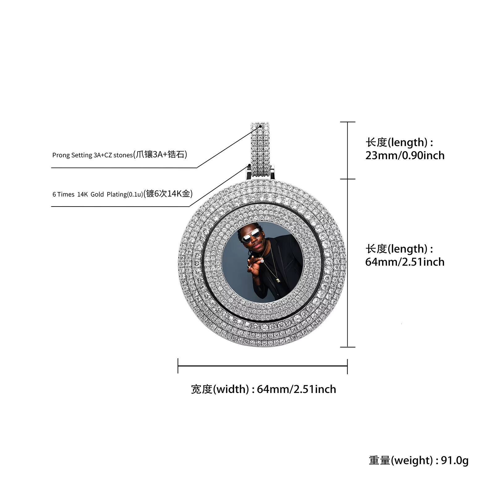 Custom Bling Hip Hop Jewelry 18k Gold Plated Iced Out Memory Medallion Circle Picture Photo Pendant for Men Women