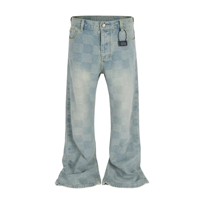 MIJKO High Street Checkered Micro Flared Jeans for Men Patchwork Straight Loose Boot Cut Oversized Casual Baggy Denim Trousers