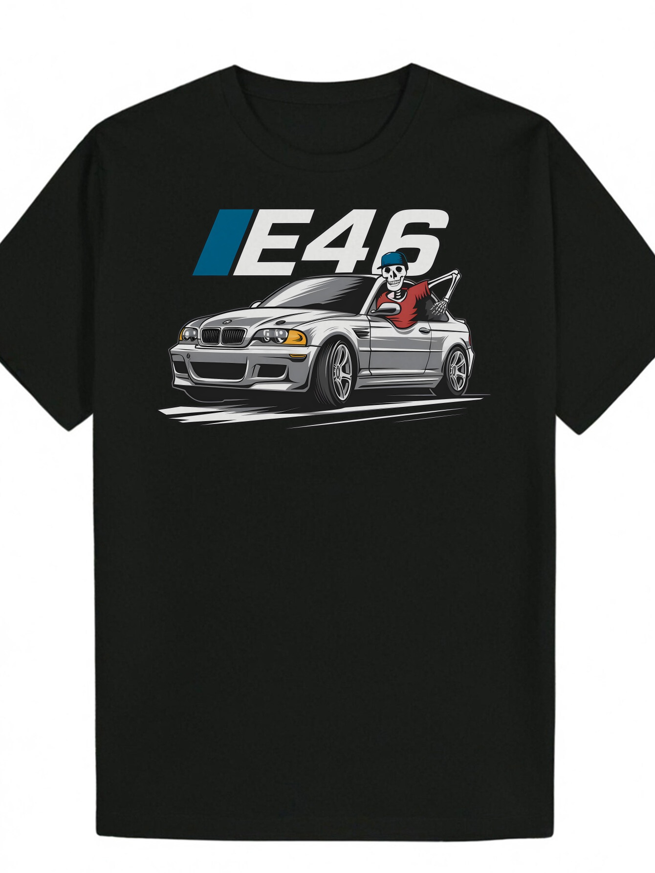 Men's Crew Neck T-Shirt - E46 Racing Pattern Blue White Design Black Polyester T-Shirt, Lightweight and Breathable, Suitable for Casual Wear, Sum