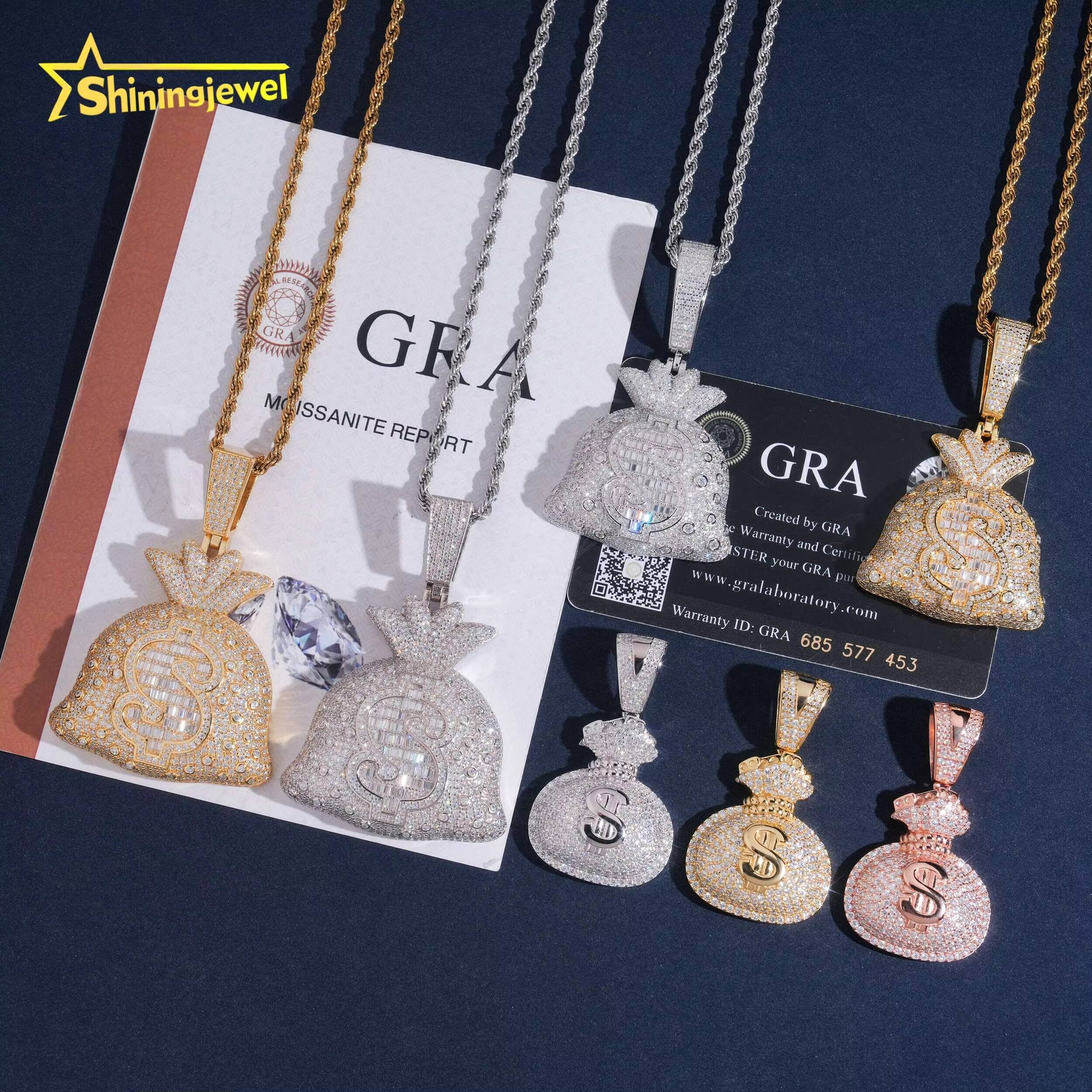 Hip Hop Style Pendant Necklace Sparkling 925 Sterling Silver VVS Moissanite Custom Money Bag Iced Out Pendant