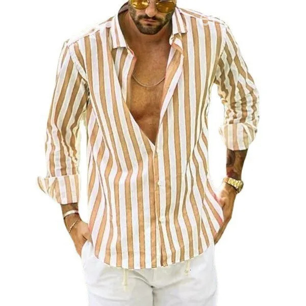 Mens Shirt Striped Long-sleeved Lapel Loose Top Fashionable Black Blue Street Basic Blouses for Male