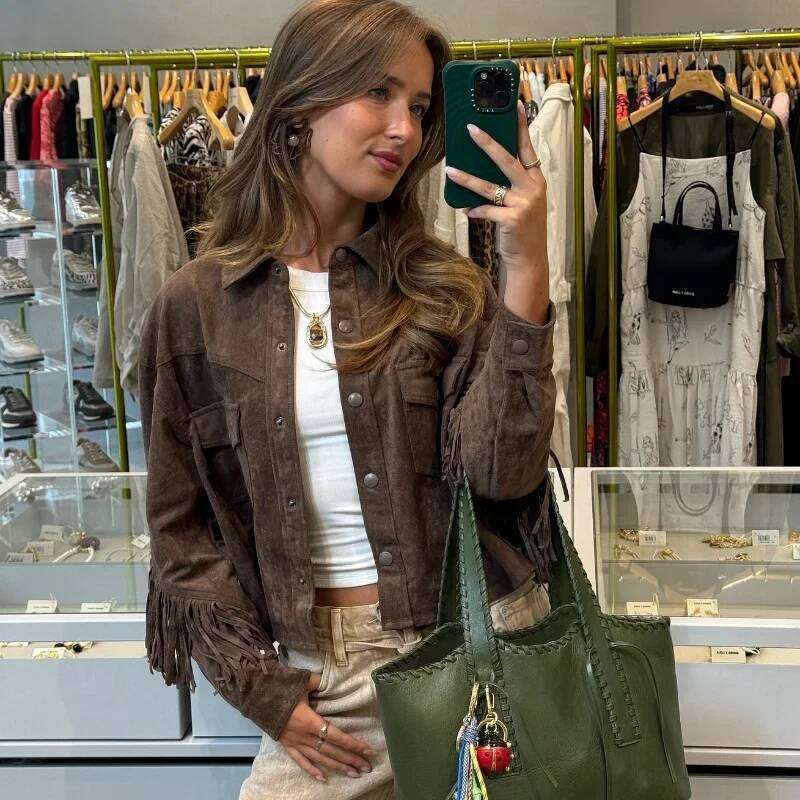 hoodie Fashion Tassels Faux Suede Jacket For Women Long Sleeve Lapel Single Breasted Vintage Coat Autumn Winter New Lady Outerwear jacket345