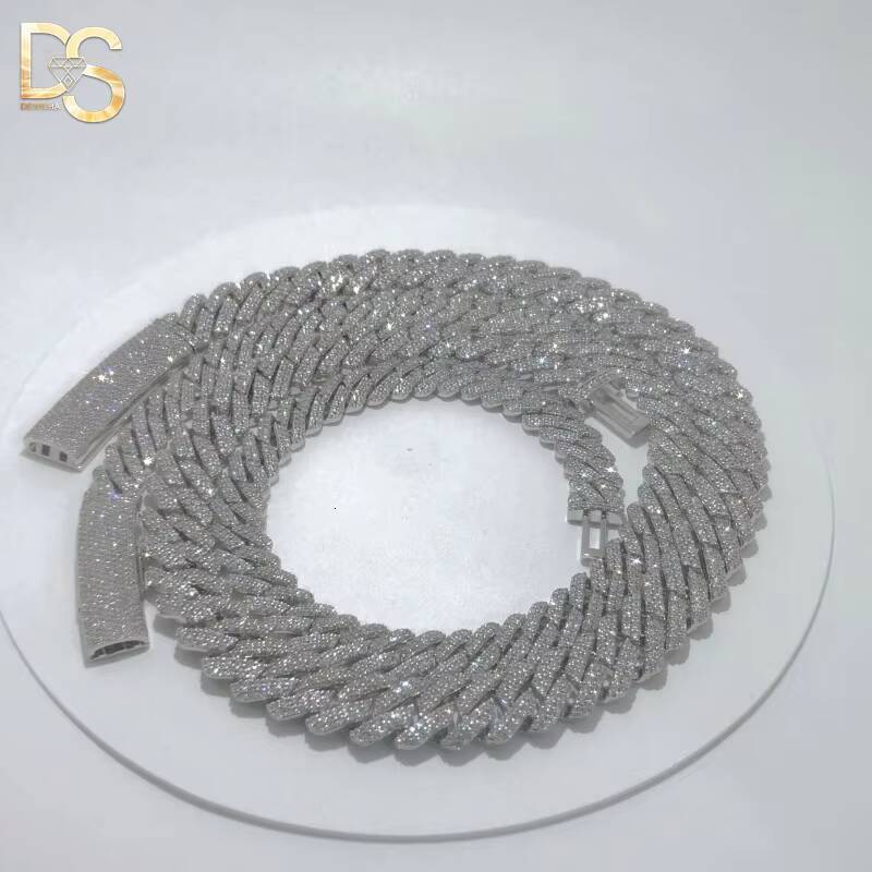 Factory Wholesale Hip Hop Fashion 12mm Width S925 Sterling Silver Plated Moissanite Cuban Chain Necklace