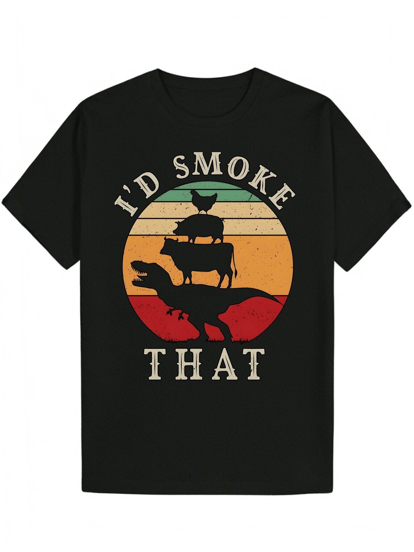 Men's Summer Casual Crew Neck T-Shirt - "I would That" Funny Animal Print, Polyester, Machine Washable, Black with Colorful Stripes