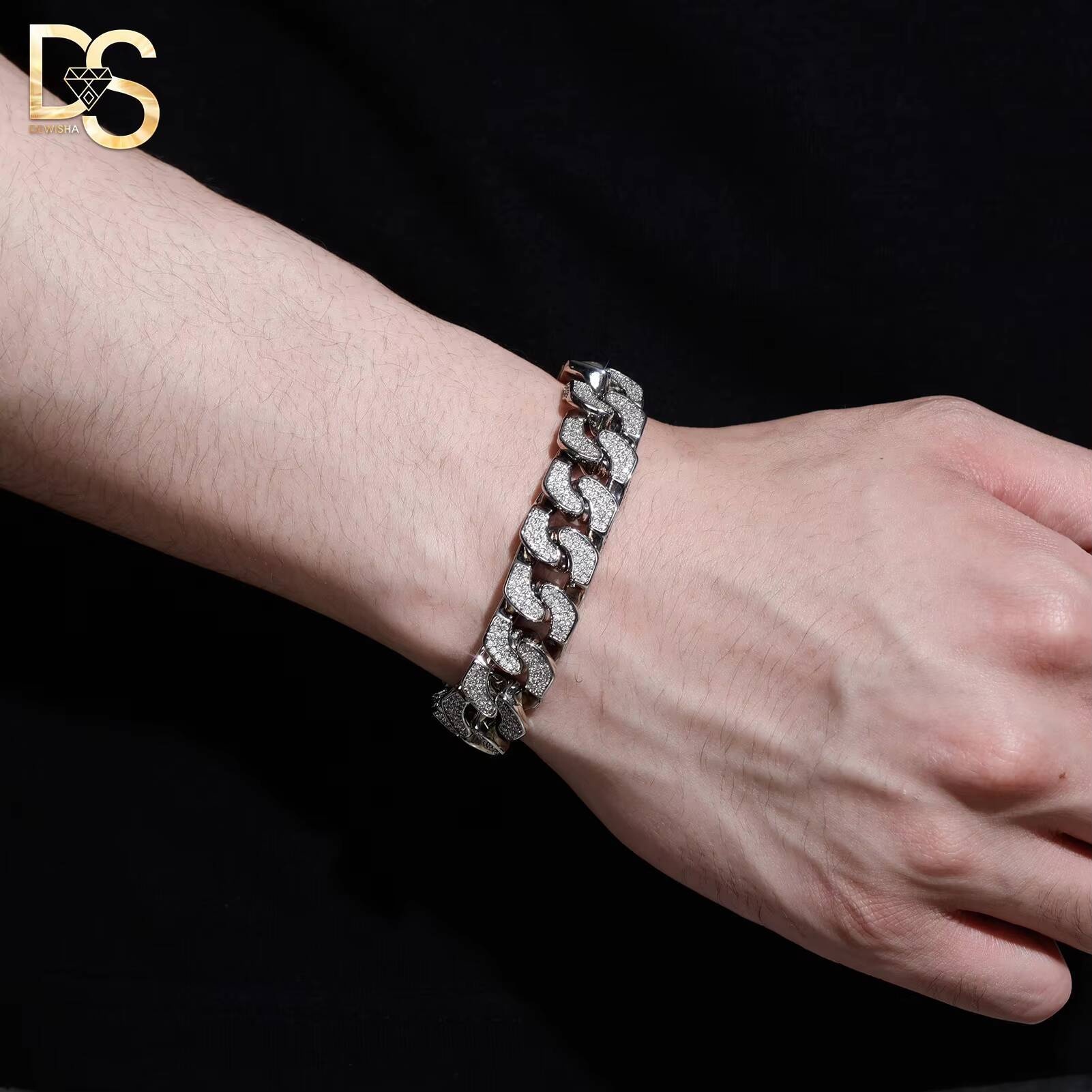 Wholesale14mm Width 14k Gold Plated Copper Zircon 3D Cuban Chain Hiphop Men Bracelet Necklace