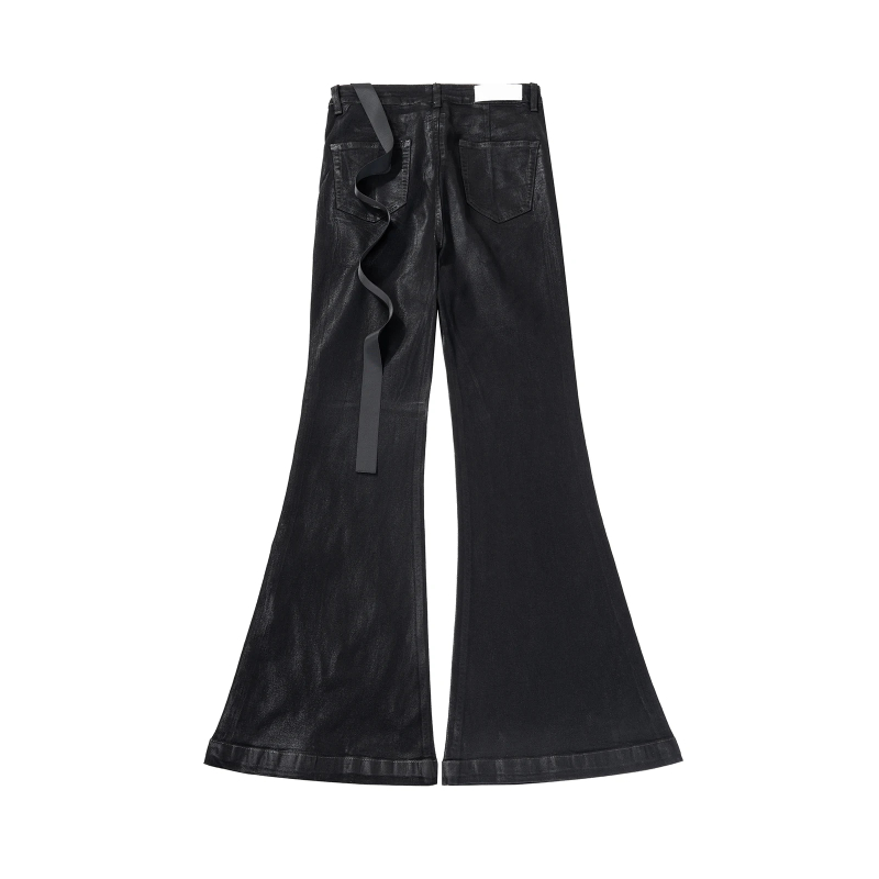 MIJKO Streetwear Black Wax Leather Strecth Jeans for Men Baggy Y2k Flare Pants Oversized Straight Denim Trousers