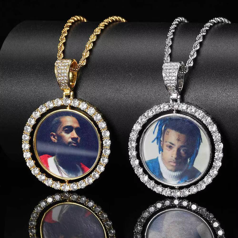 Fashion Hip Hop Memory Brass Zircon Rotatable Double Sided Circular Photo Pendant