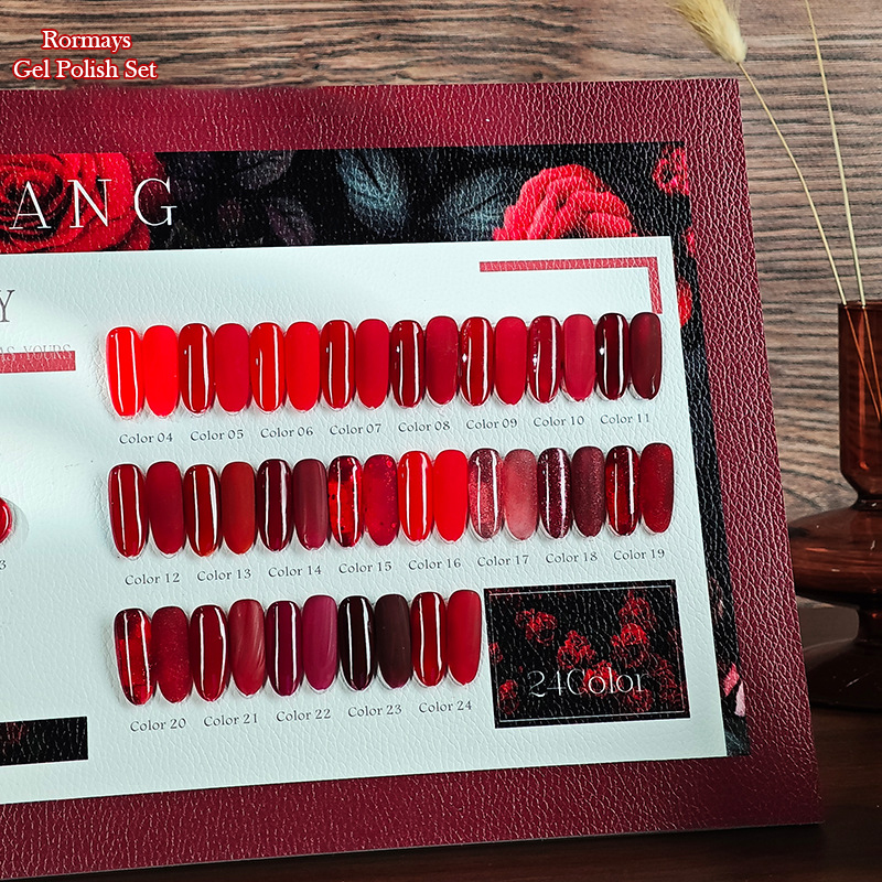 Rormays gel polishing 24PCS mixed varnish semi permanent Ankara red UV LED high-end wine red nail glue primer red series nail glue wholesale factory