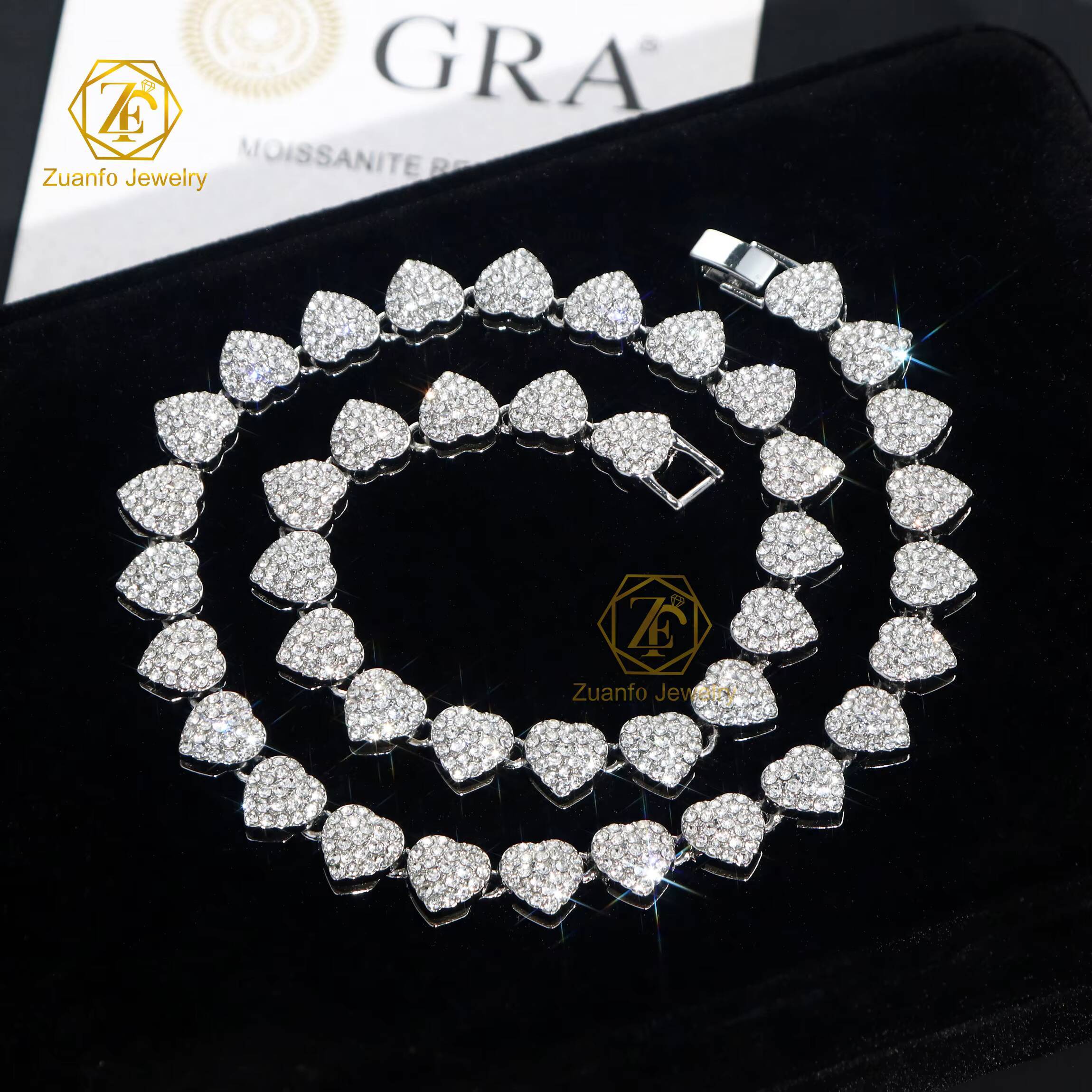 Luxury Fine Jewelry Love Heart Shape Moissanite Necklace Micro Pave Moissanite Diamond Hiphop Cuban Tennis Chain for Party Gifts