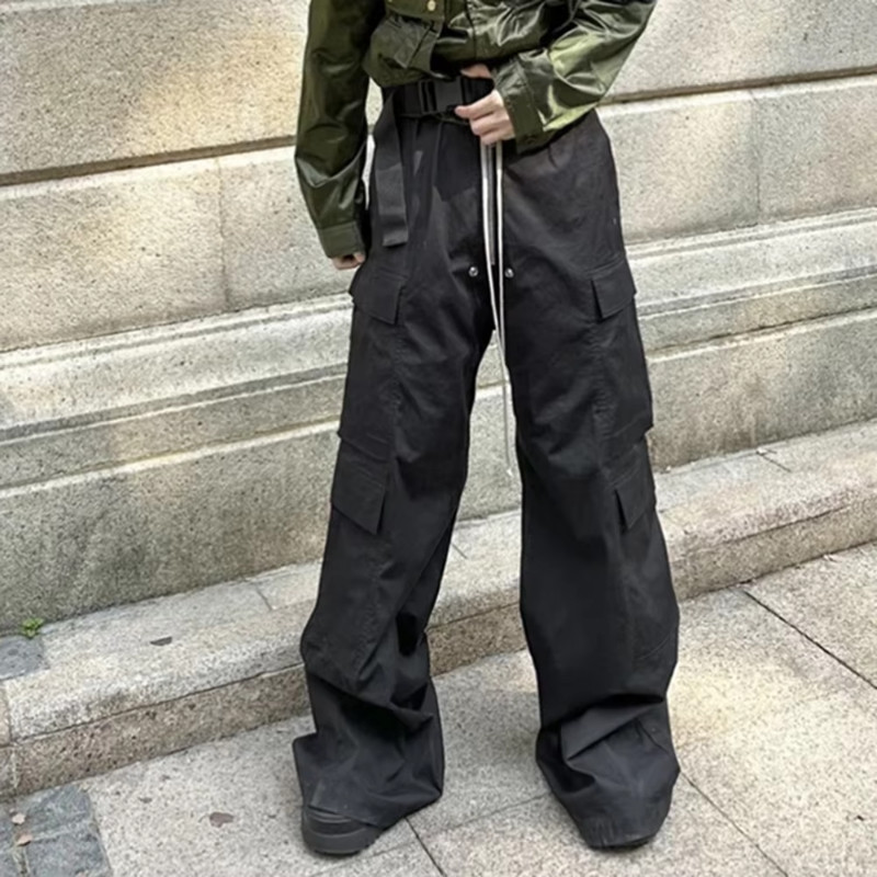 MIJKO Ro Style Wide Leg Drawstring Black Cargo Pants Unisex Straight Baggy Casual Overalls Men's Streetwear Loose Oversized Trousers