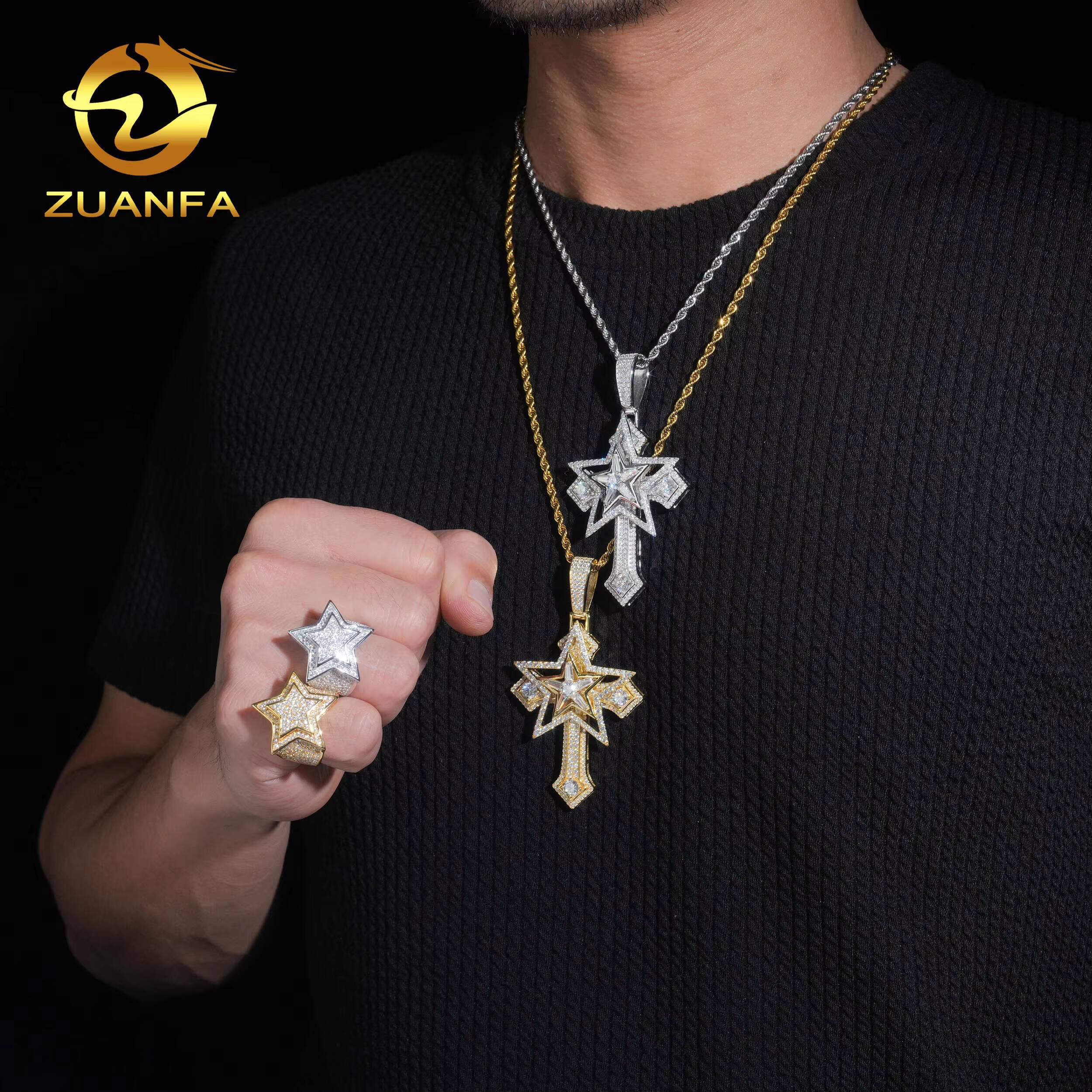 Fast Shipping Hip Hop Jewelry Cross Moissanite Pendant 925 Silver Moissanite Iced Out Pendant With Chain Star Pendant