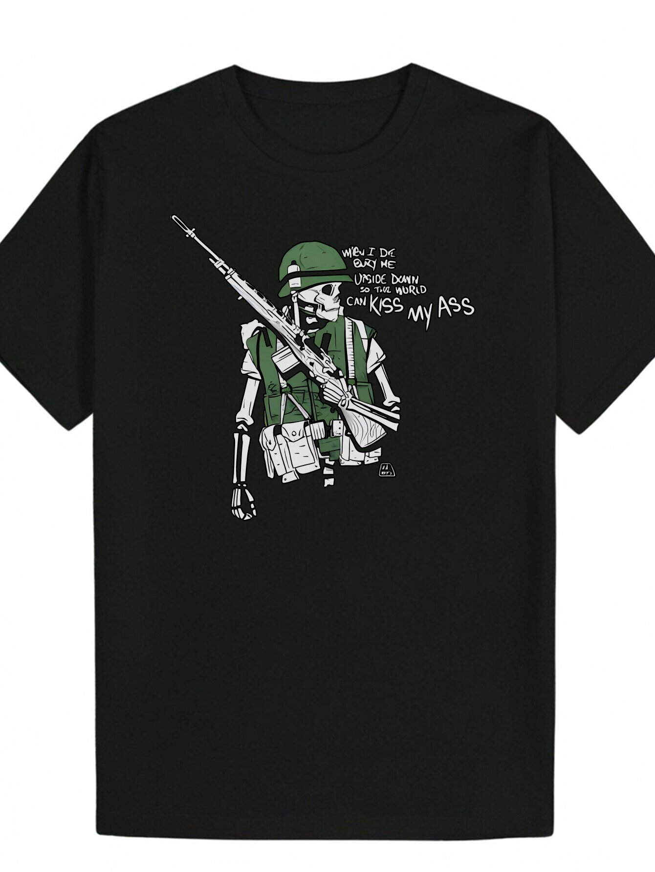 Men's Summer Crew Neck Polyester with Skull Soldier Pattern, Dark Background and Humorous Quotes, Regular Fit, Breathable Fabric, Suitable for Ca