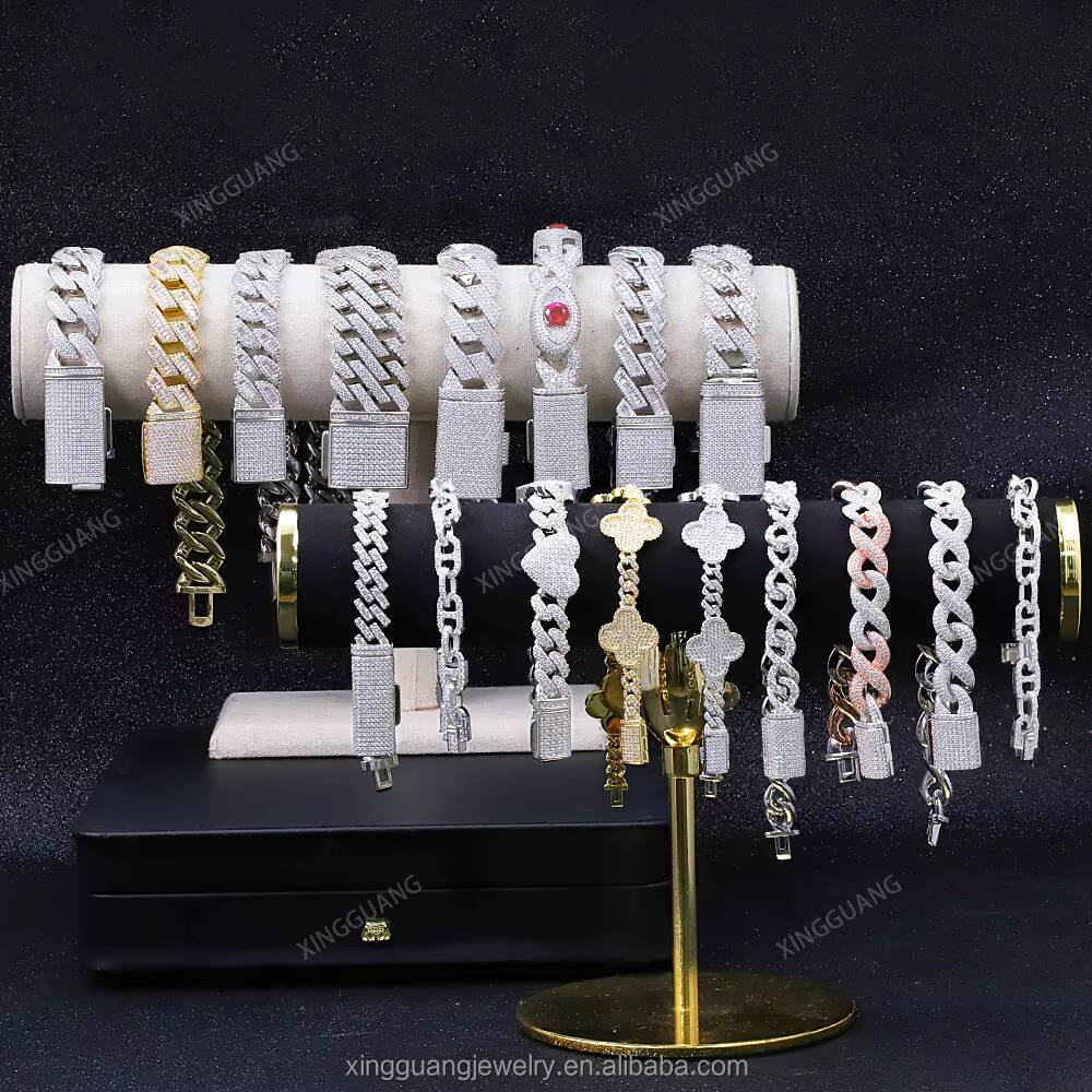 Hip Hop Clasp 8/10/13/15mm 2rows Pass Diamond test Moissanite Cuban Link Chains 925 Sterling Silver Iced Out Chains Bracelet