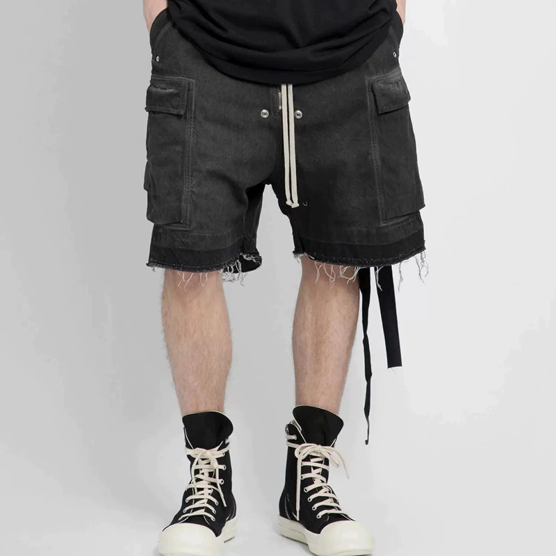 MIJKO Ro Style Ribbons Streetwear Multi-pockets Cargo Short for Men Elastic Waist Wide Leg Baggy Jeans Knee Length Pants Loose Overall