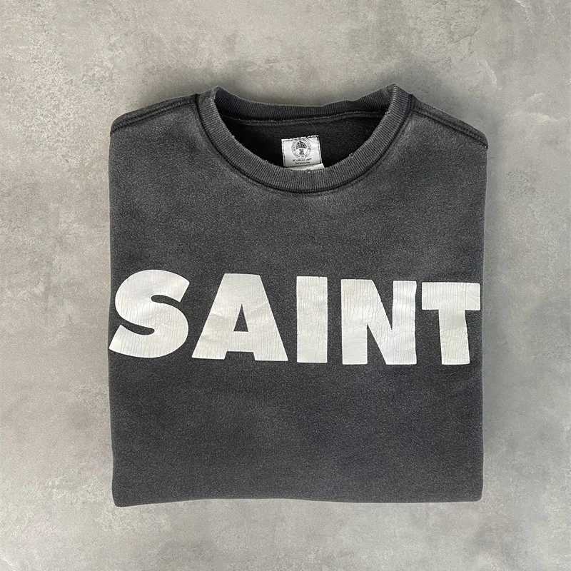 Casual Men Women Cracked Letters Printing Best Quality Saint Sweatshirt Vintage Washed Black Loose Cotton Long Sleeve Pullover X250802