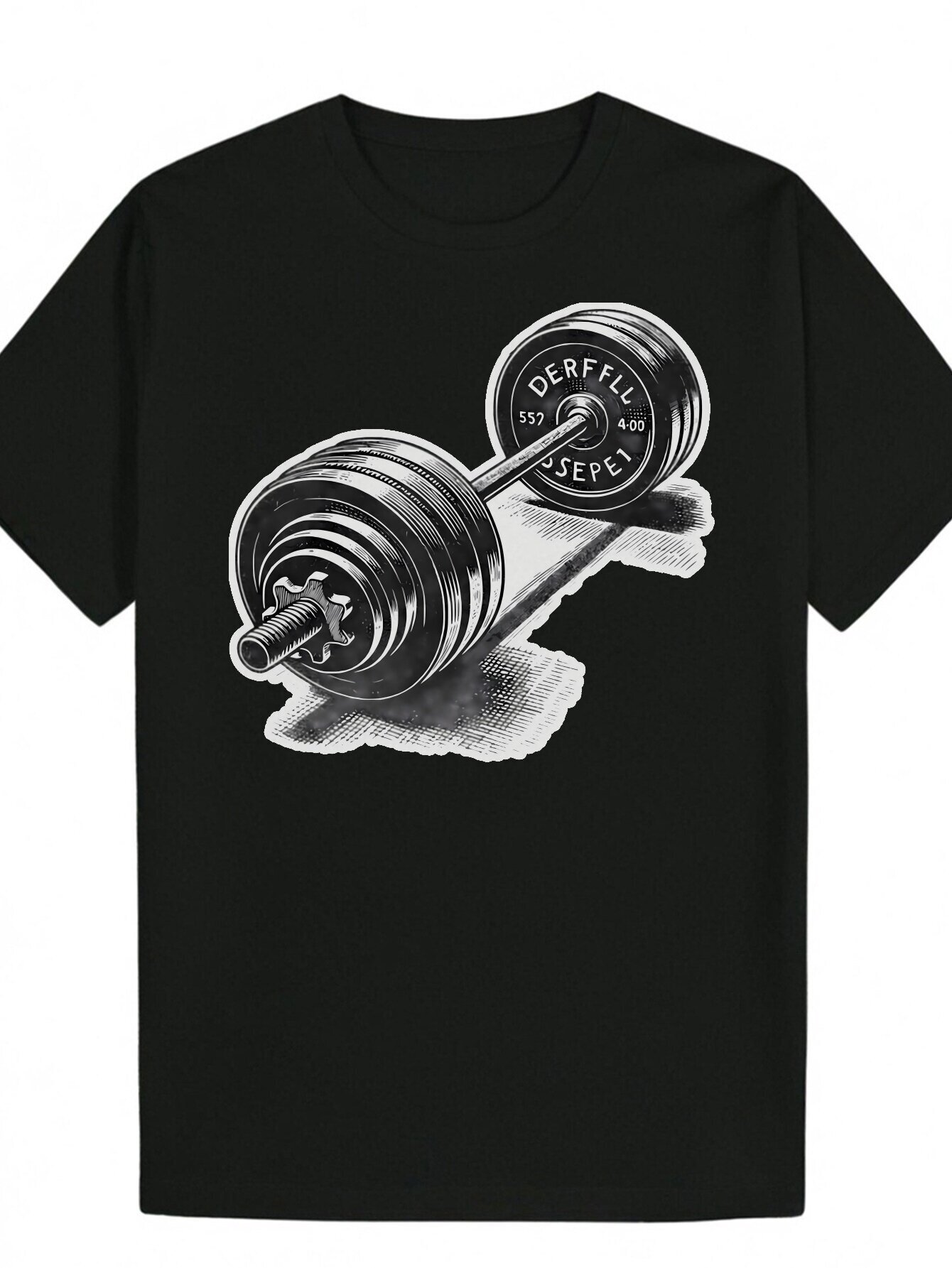 Men's Graphic T-Shirt-Black Polyester, Dumbbell Print, Casual Crew Neck, Short Sleeve, Machine Washable-Perfect Summer Gift for Him