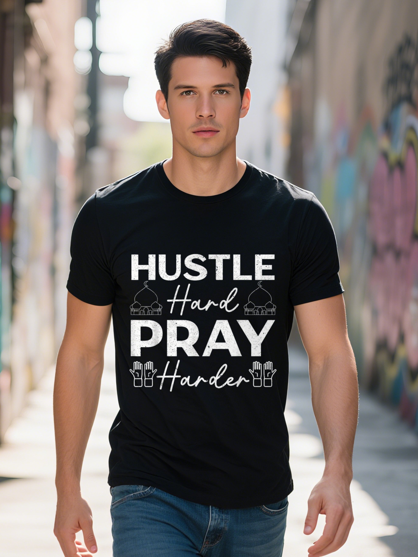 Men s g Cotton T Shirt Hustle Hard Pray Harder Muslim Islamic Graphic Tee Mosque Prayer Hands Design Black