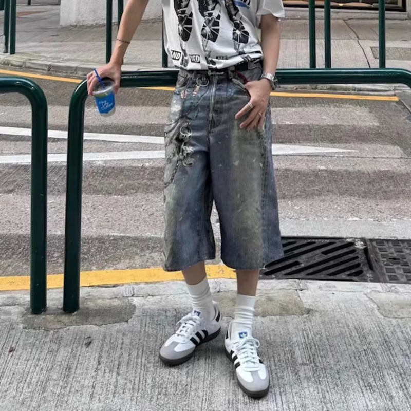MIJKO 3D Print Patchwork Baggy Jeans Shorts for Men Streetwear New Summer Wide Leg Patchwork Casual Loose Knee Length Pants Oversized