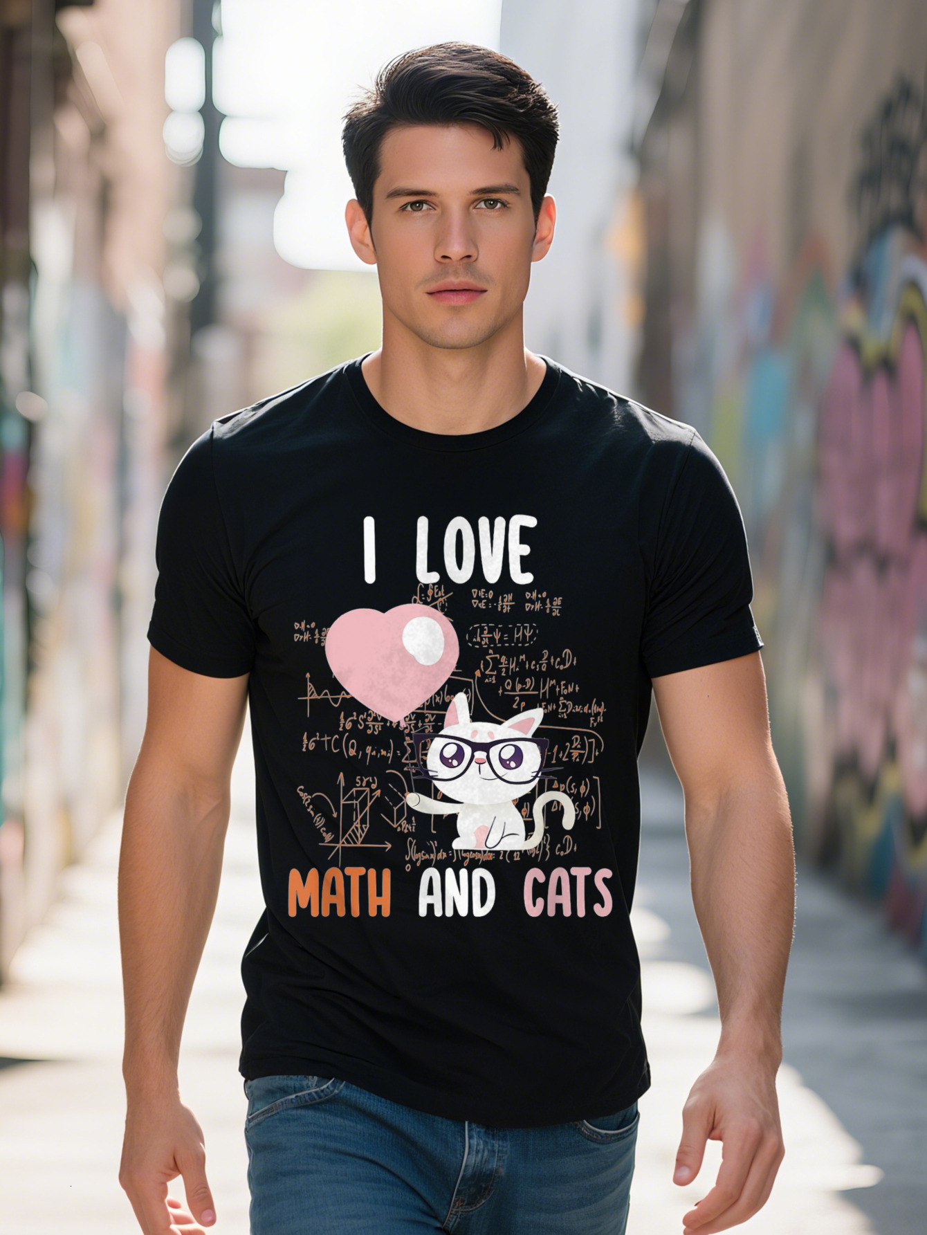 Men s I Love Math Cats Funny Teacher Gift Cotton Short Sleeve T-Shirt for Casual Wear