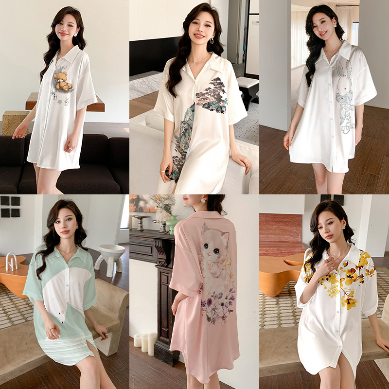 Outfits For Woman New style ice silk cardigan with turned-up collar nightgown for women loose silk home clothes