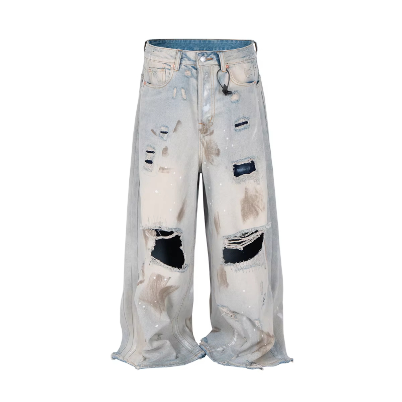 MIJKO Distressed Hole Ripped Mud Dyed Silhouette Baggy Jeans for Men Wide Leg Harajuku Loose Denim Trousers Oversized Casual Cargos