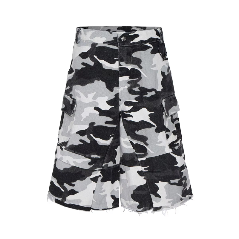 MIJKO New Summer Coated Glitter Camouflage Seven Quarter Shorts for Men Patchwork Vintage Casual Baggy Over Knee Shorts Oversized