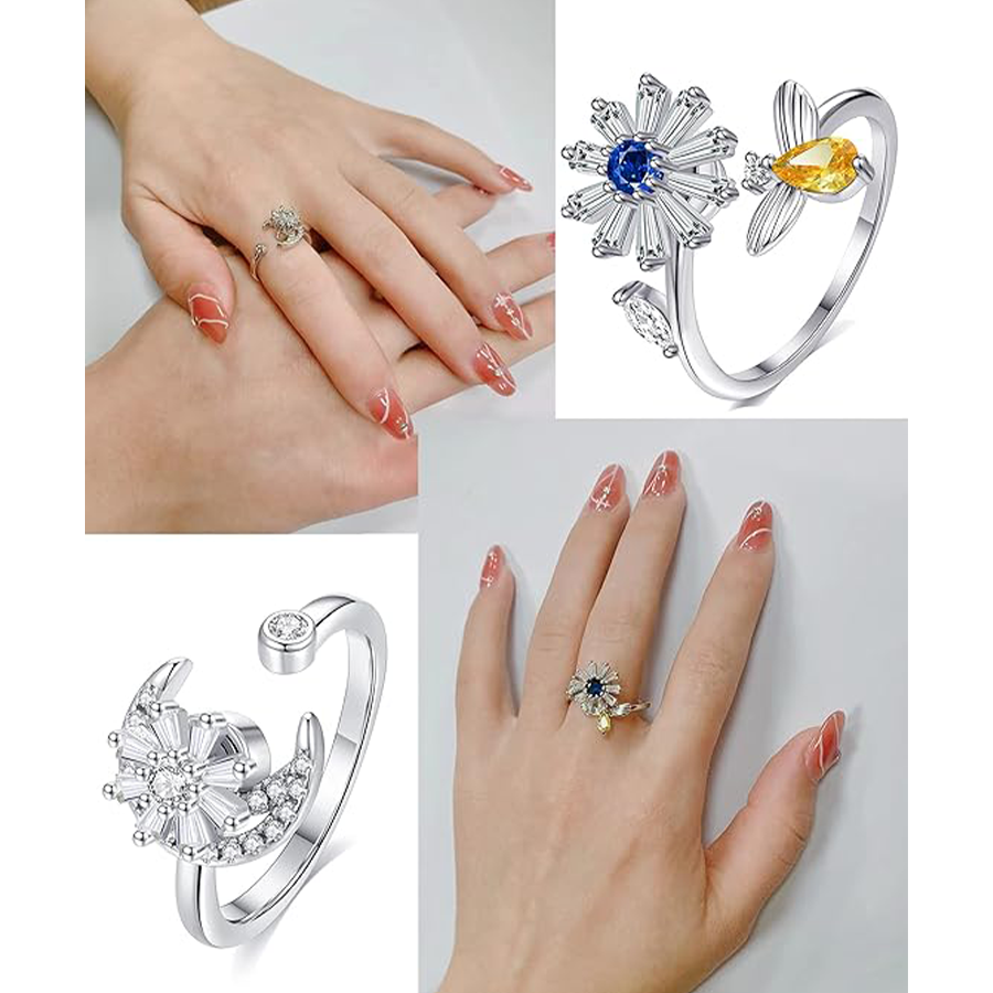 6Pcs Fidget Anxiety Spinner Ring Adjustable Open Ring Cubic Zirconia Sunflower Windmill Butterfly Moon Bead Stress Relief Stackable Rings for Women Si