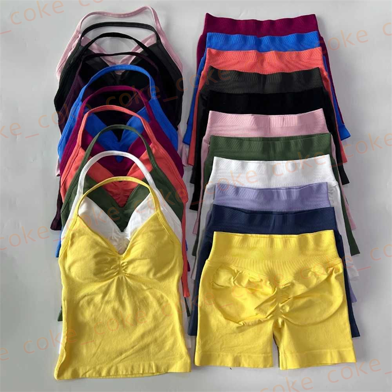 2pcs Impact Gym Set Womens Backless Tank Top High Waist Threaded Seamless Shorts Gym Set