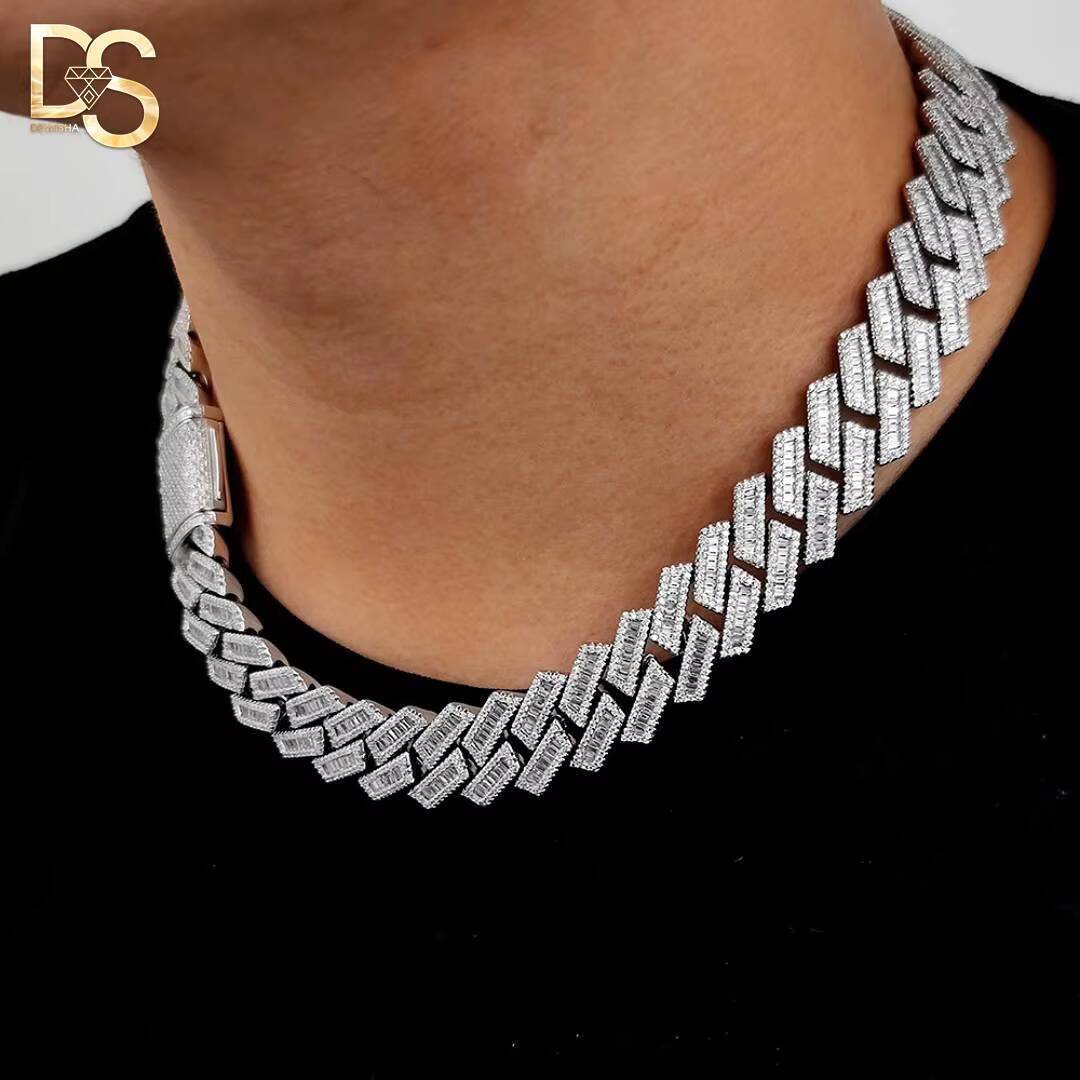 925 Sterling Silver VVS Moissanite Diamond Iced Out 12 MM 14MM Baguette Miami Cuban Link Chain Necklace for Men