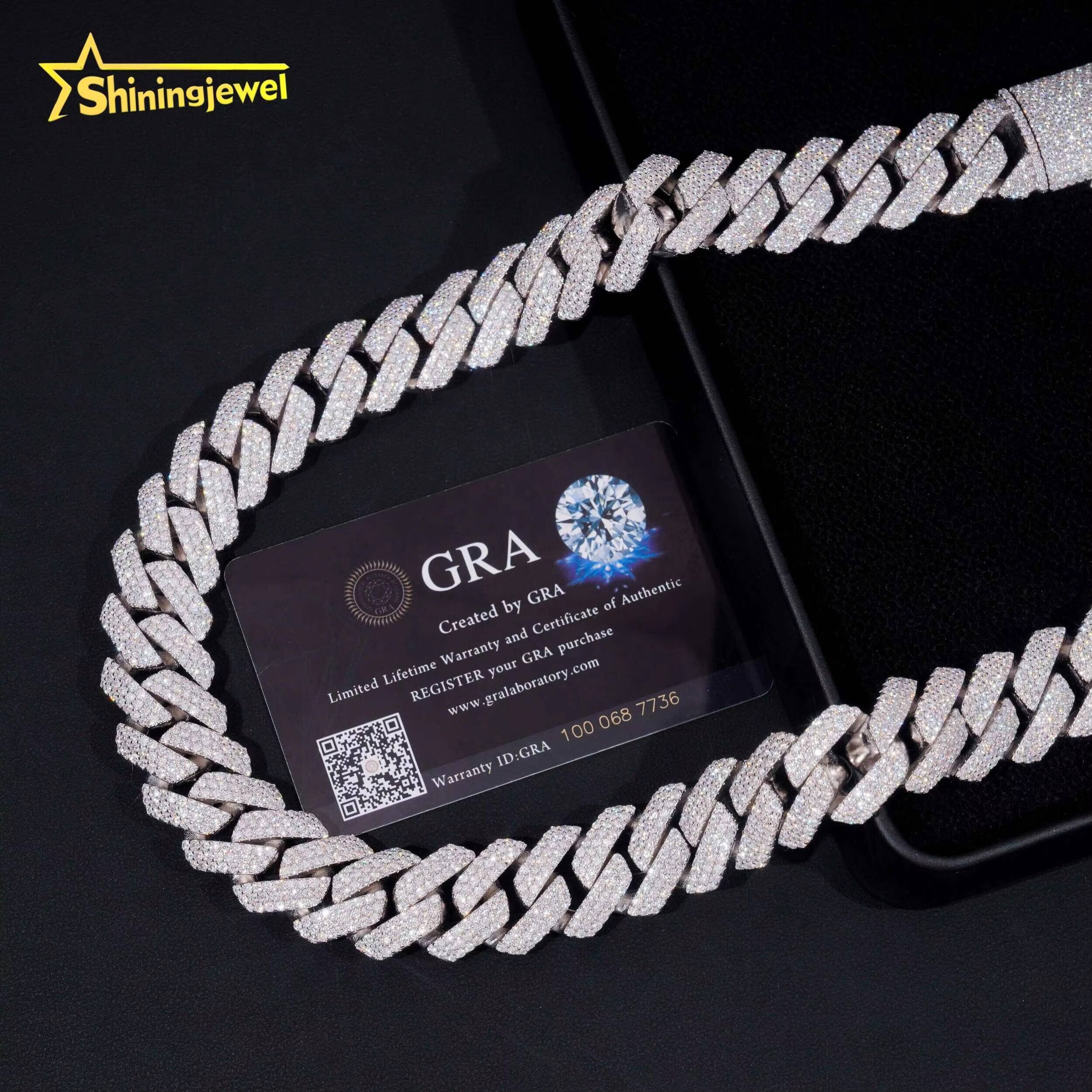 GRA Certificate Solid Hip Hop 20mm Iced Out Mens Miami 925 Silver Moissanite Cuban Link Chain