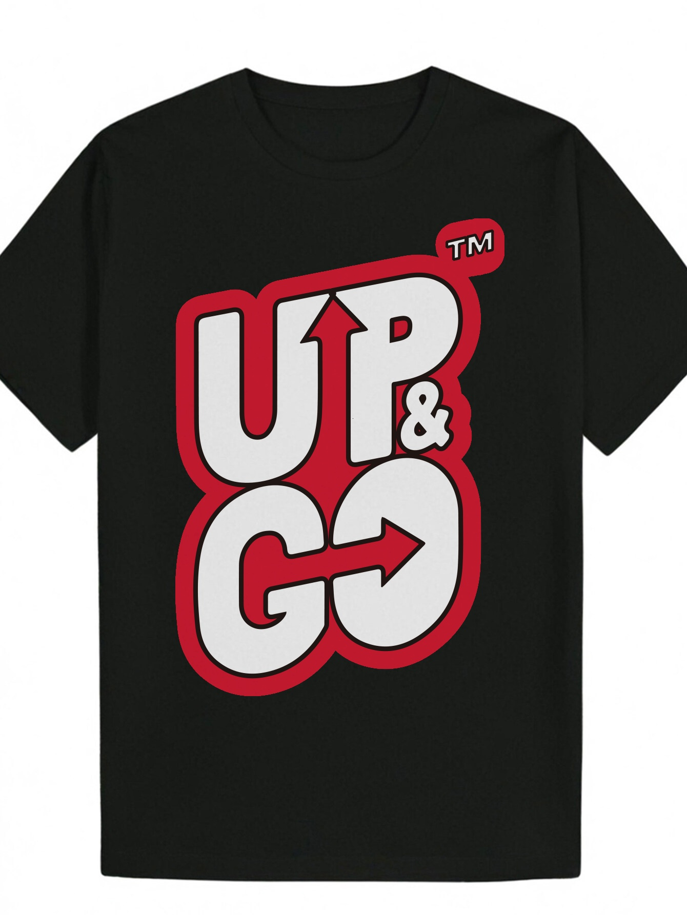 Men's Short Sleeve - UP&GO Pattern Print, Black with Red Letters, 100% Polyester, Machine Washable, Suitable for Wear, Summer Casual Wear Bold Gr