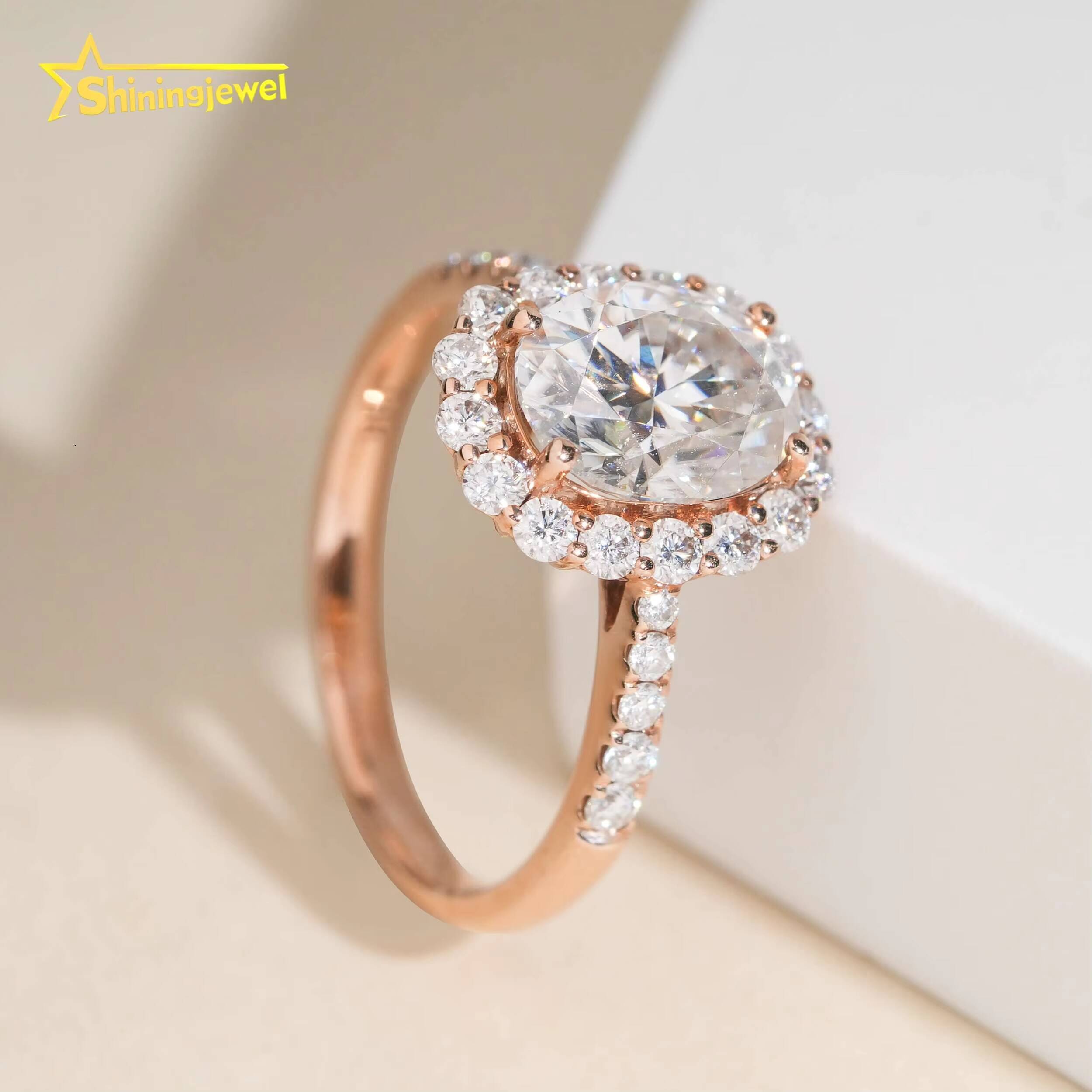 14K Solid Gold Women Ring Halo Rings Oval Cut Moissanite Engagement Rings for Women Pass Diamond Tester