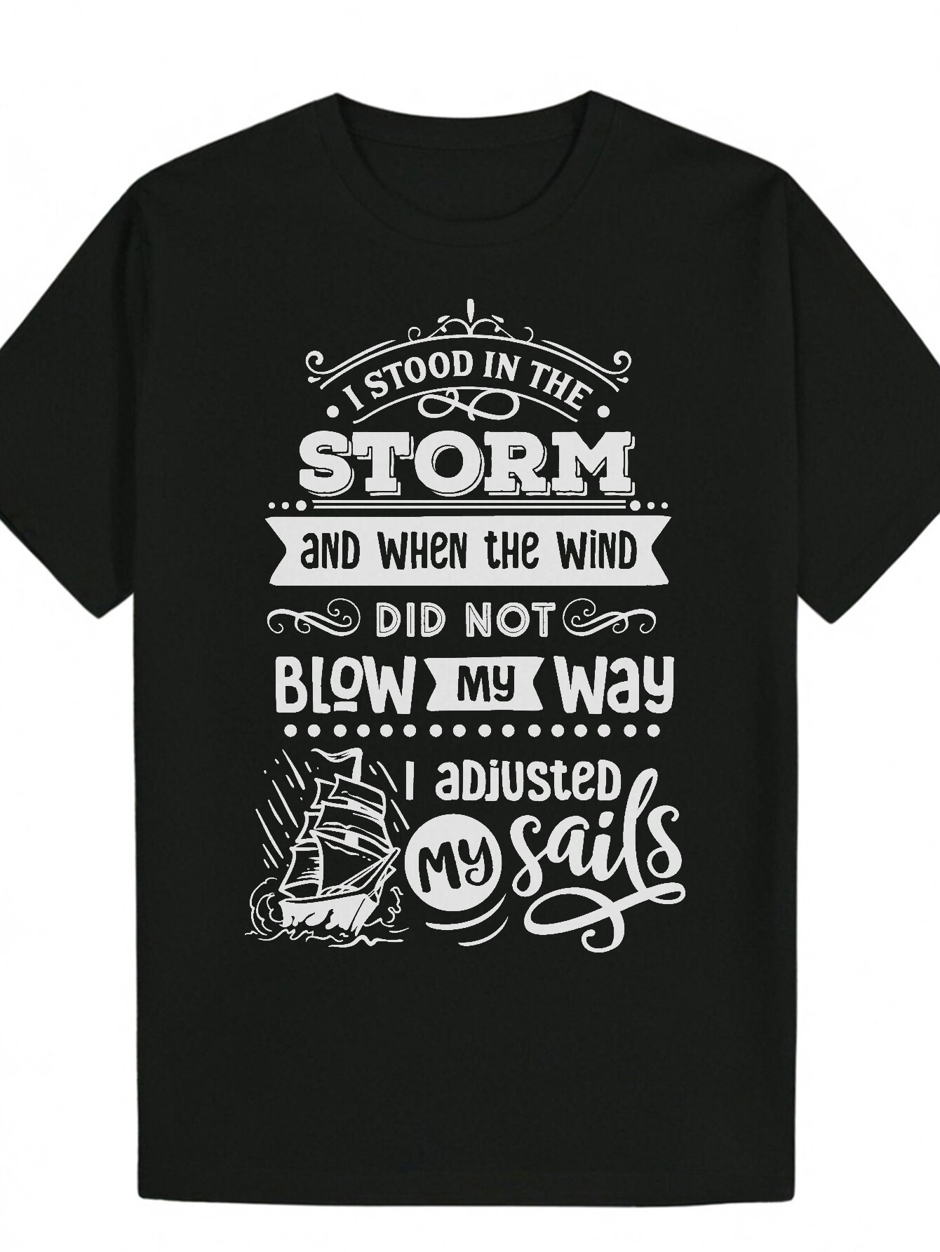 Men's Summer Short Sleeve - Black Nautical Slogan Pattern T-Shirt with Inspirational Quote 'I Stand in the Storm', Regular Crew Neck, M