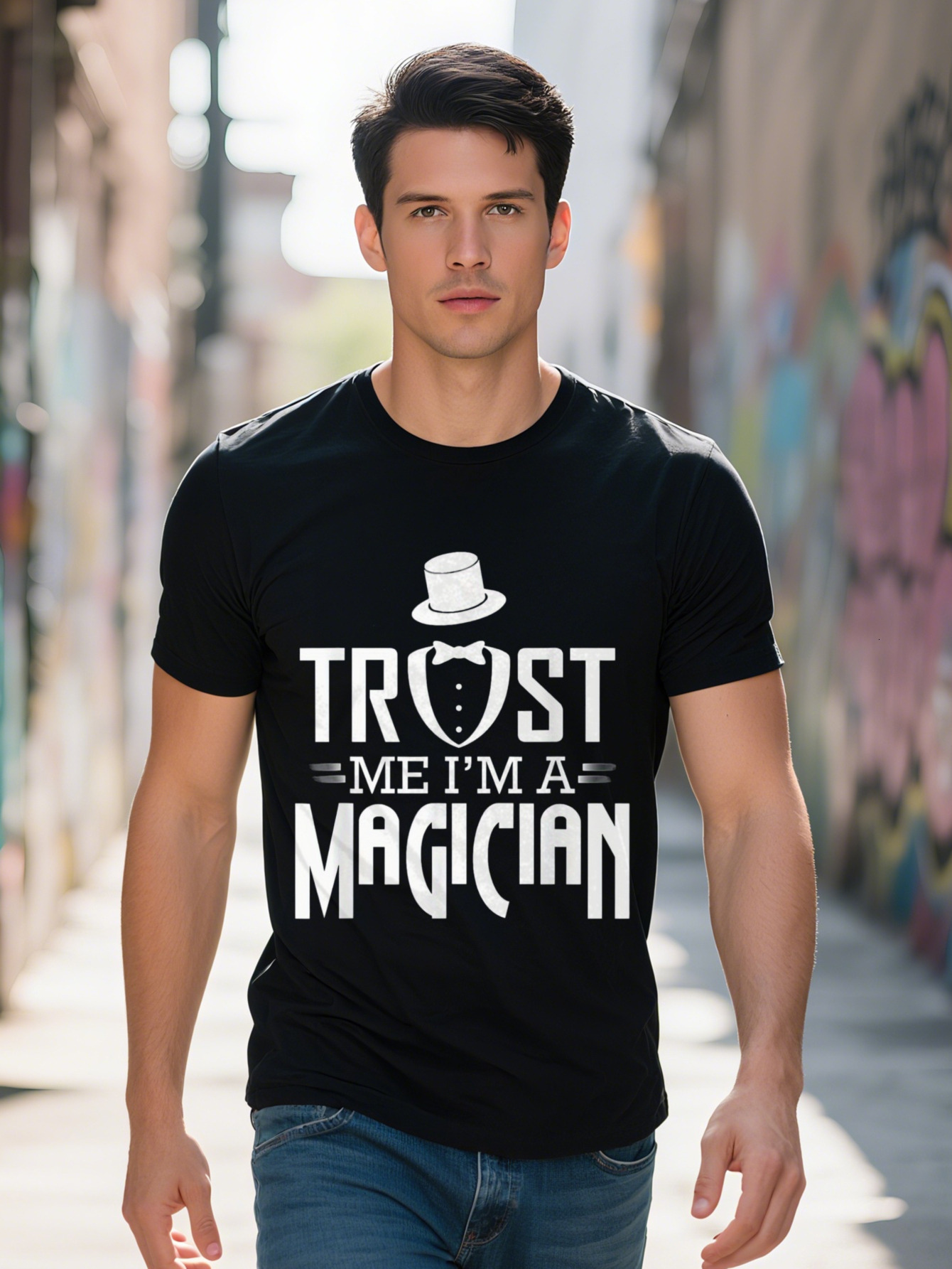 Men s g Cotton T Shirt Magic Trick Graphic Tee with Trust Me I'm a Magician Print Top Hat Design Short