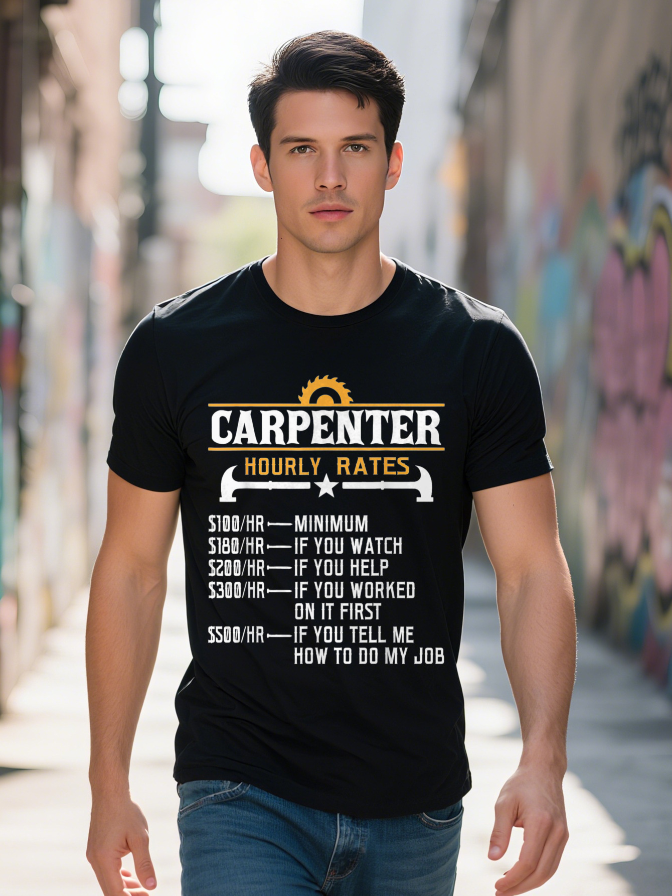 Men s Carpenter Hourly Rates Humorous T Shirt Cotton Short Sleeve Crew Neck Black with Bold Lettering Graphic