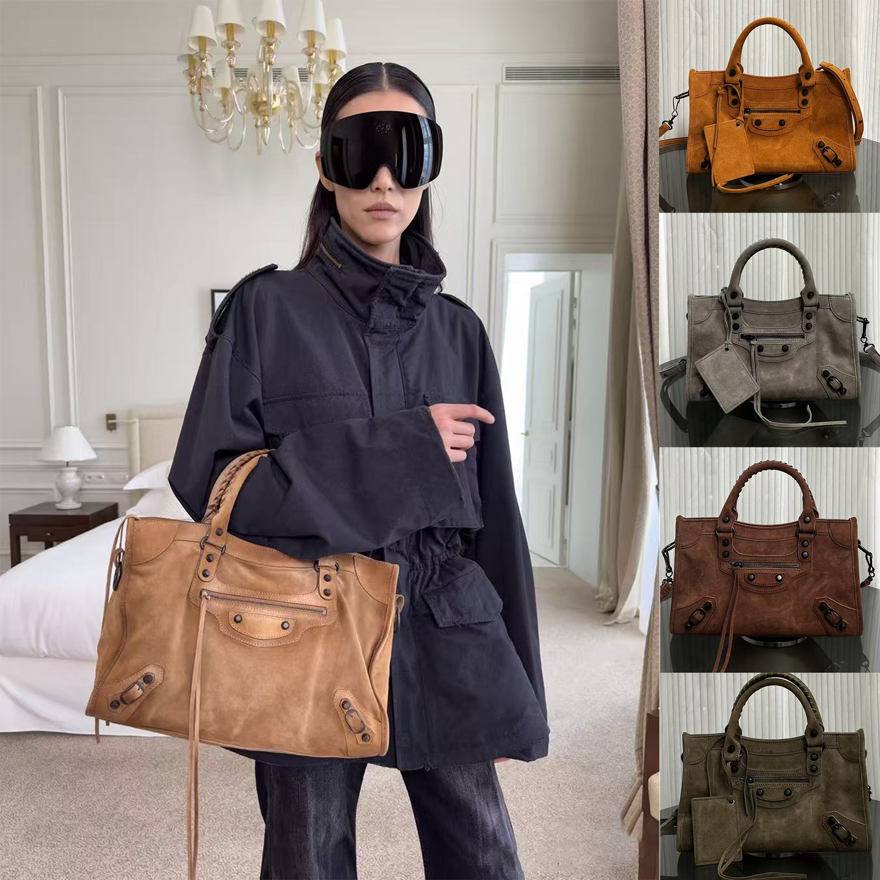 Women's Le City Bag Designer Luxury Camel Suede Calfskin Handbag Locomotive Motorcycle Bag Leather Crossbody Bag Shoulder Bags Purse High Quality Bag