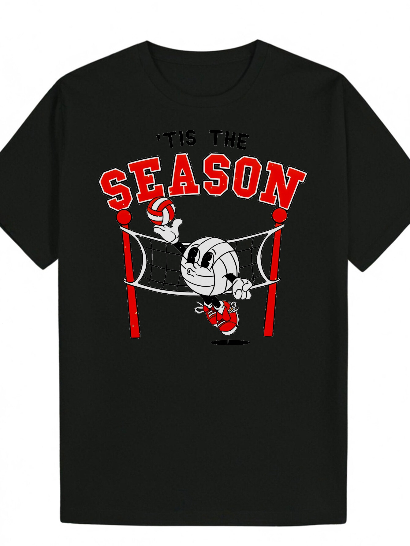 Men's Graphic T-Shirt - Black Volleyball "Tis The Season" Print, Lightweight Polyester Crew Neck Summer T-Shirt, Machine Washable, Suit