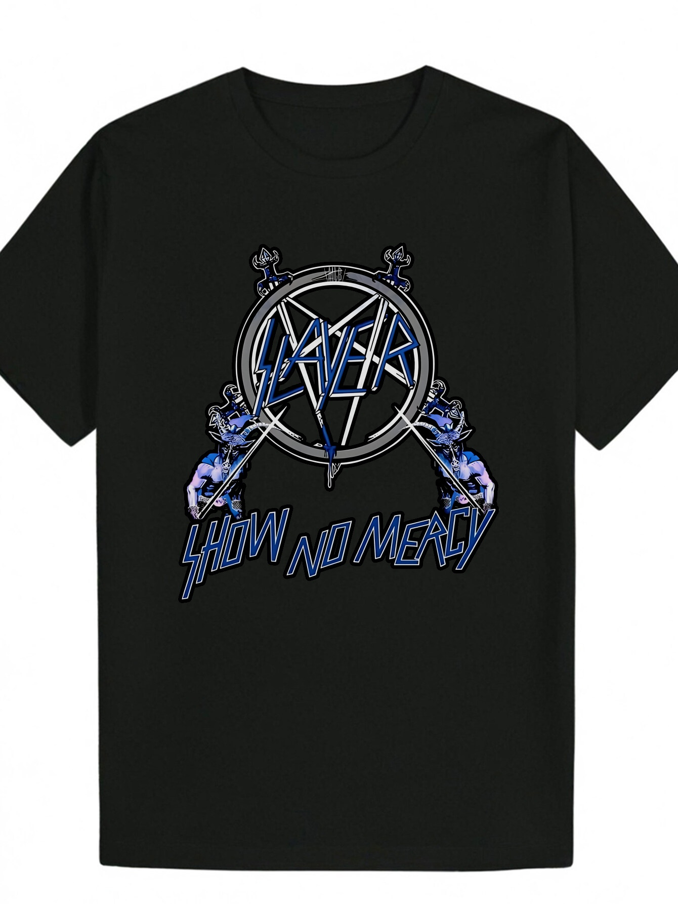 Men's Summer Casual Graphic - Black Crew Neck T-Shirt with Bold 'SHOWNO MERCY' Lettering and Pentagram Design, 100% Polyester, Machine 