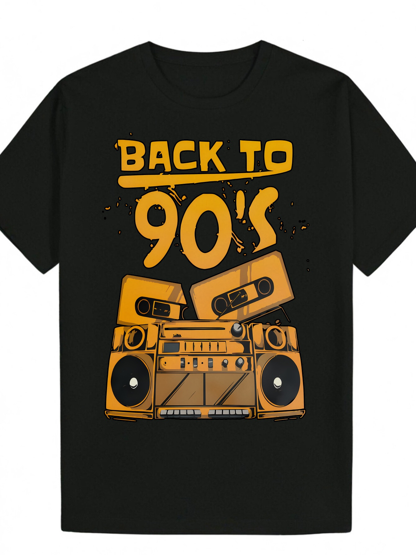 Men's 90s Pattern T-Shirt - Boombox and Bold Letter Print, Black with Yellow Design, Lightweight Polyester, Regular Fit Summer T-Shirt, Casual We