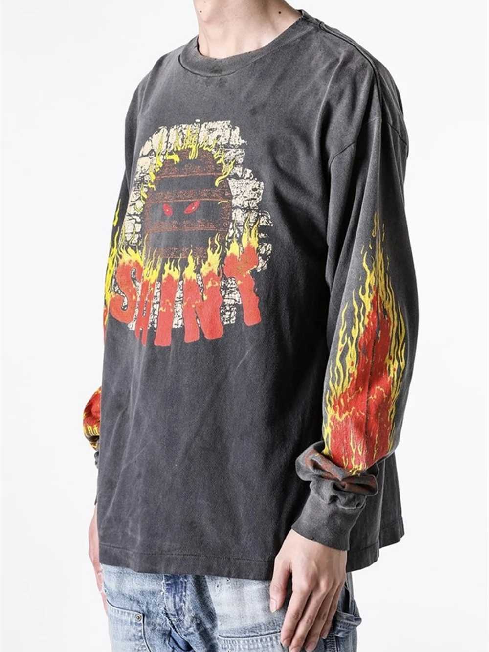 Yao Fashion Saint Of Michael Flame Graphics Print Casual Vintage Streetwear Long Sleeve Men Clothing Oversize Baggy Men T Shirt X250802
