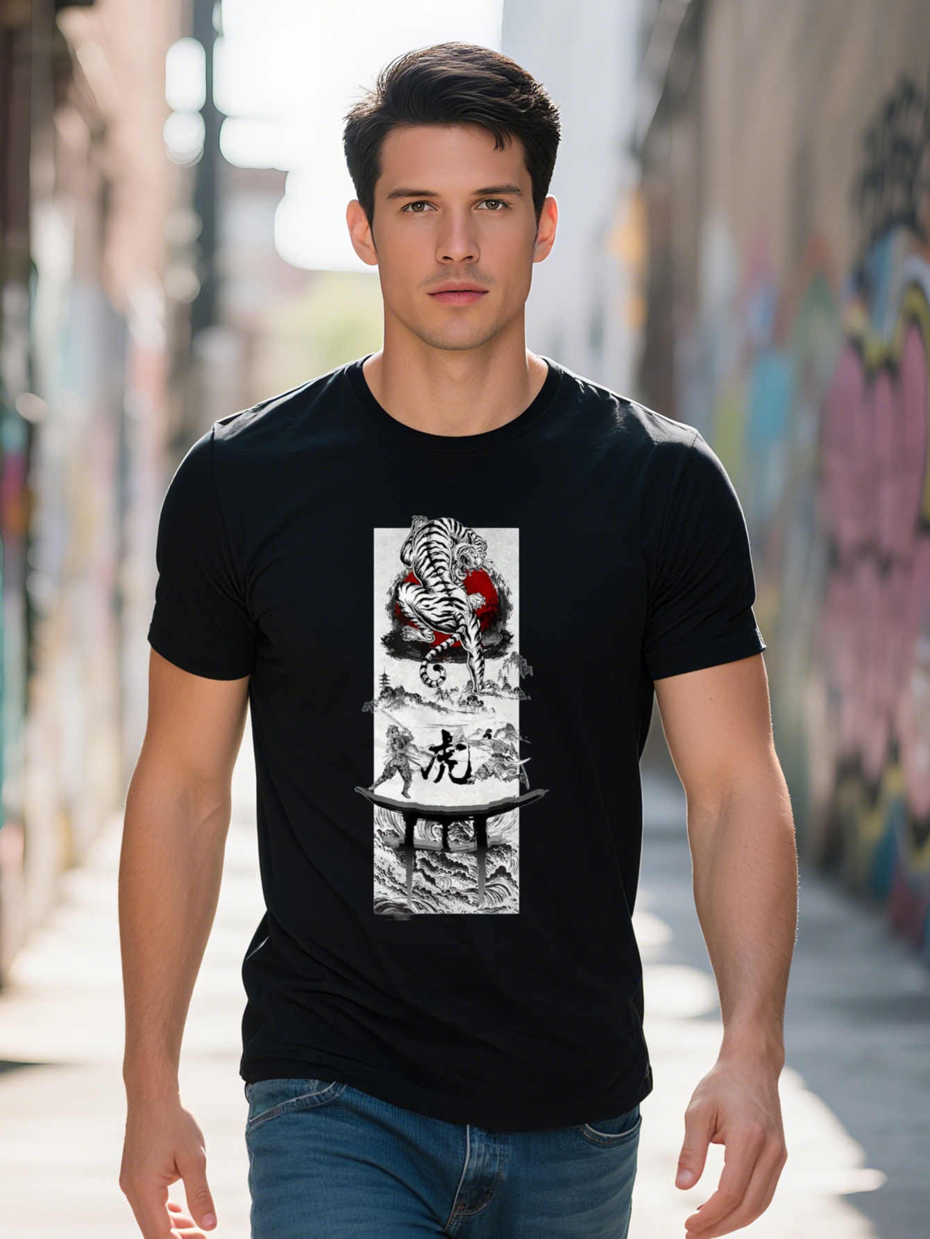 Men's Japanese Pattern - Cotton, Black T-Sh, Bold Red and White Tiger Design, Short Sleeve Crew Neck, Casual T-Sh Tattoo Inspiration Design 100% 