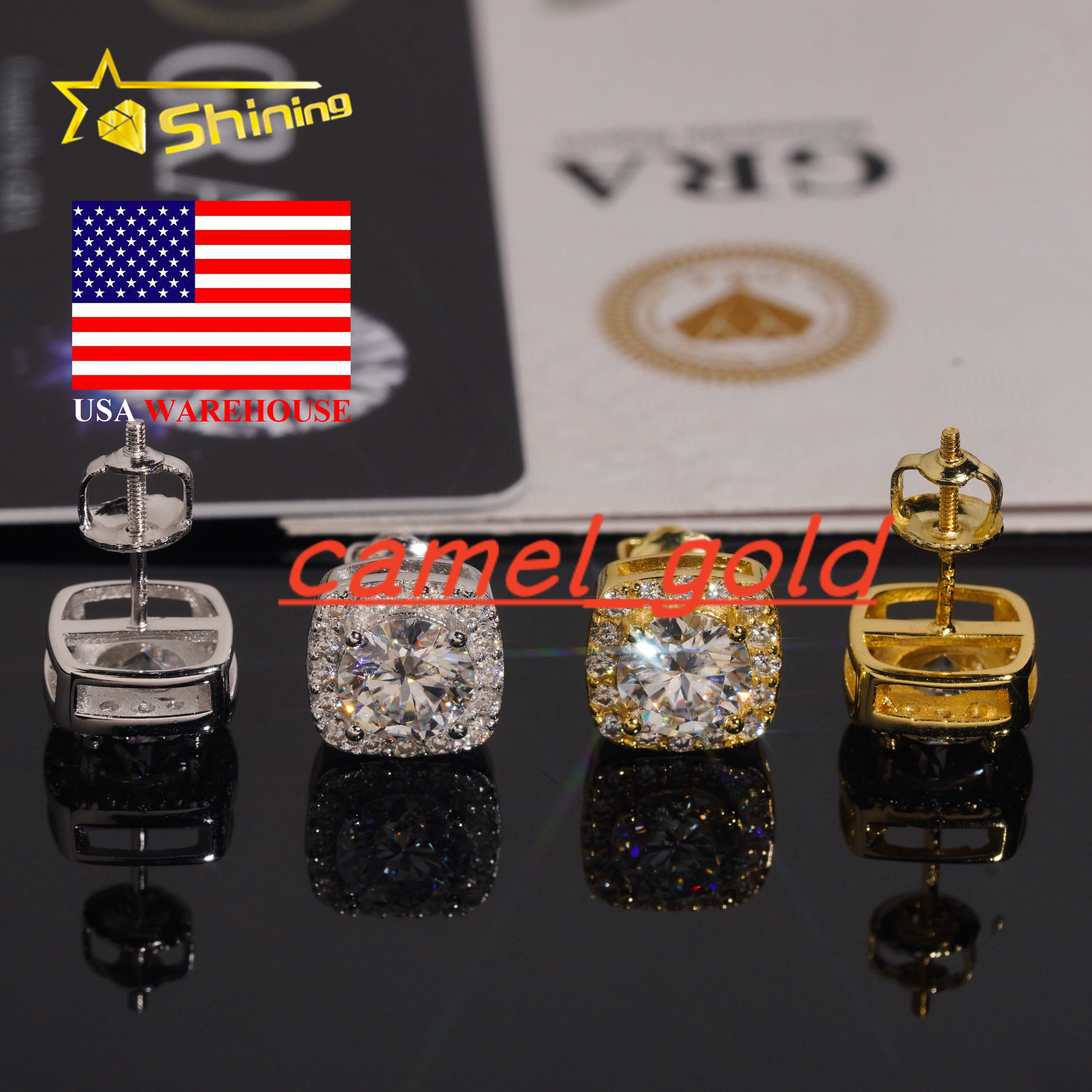 USA Warehouse Fast Shipping 9.5mm Earrings 925 Sterling Silver Gold Plated Pass Diamond Test Moissanite Screw Back Stud Earring