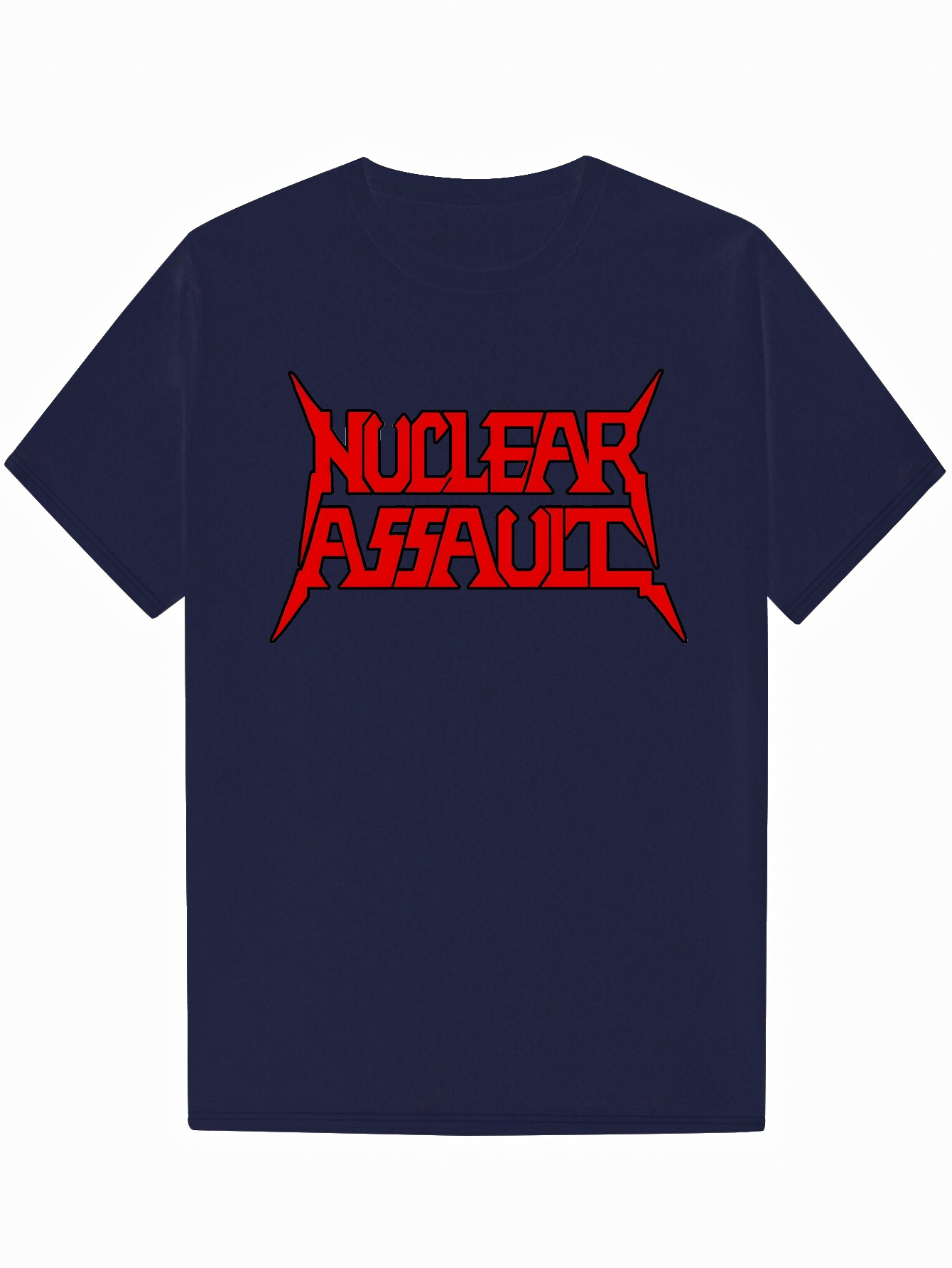 Men's Navy Blue Pattern Lightweight Summer T-Shirt with Red 'NUCLEAR ASSAULT' Lettering, Breathable Polyester Shirt for Concerts, Casua