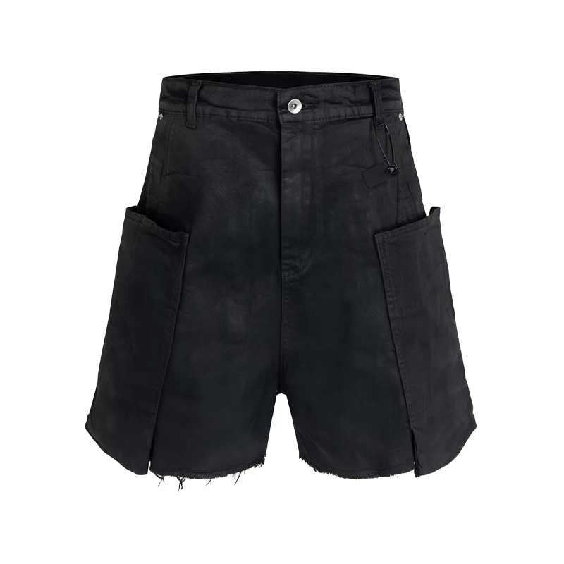 MIJKO Streetwear New Summer Brush Wax Coated Denim Shorts with Rough Edges Mens Vintage Black Frayed Baggy Jeans Oversized Loose Short